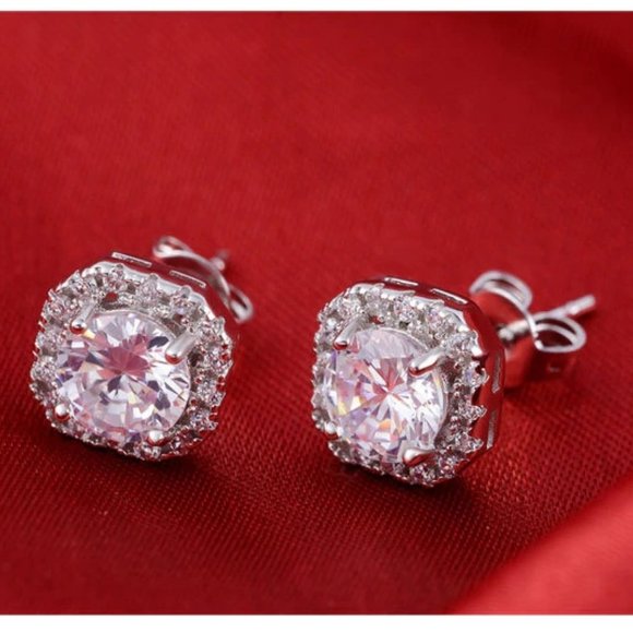 NEW 925 Silver Round Diamond Halo Stud Earrings - Picture 4 of 10
